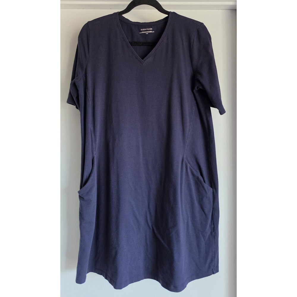 Eileen Fisher Dress Women M Navy Solid V-Neck Short Sleeve Casual Minimalist